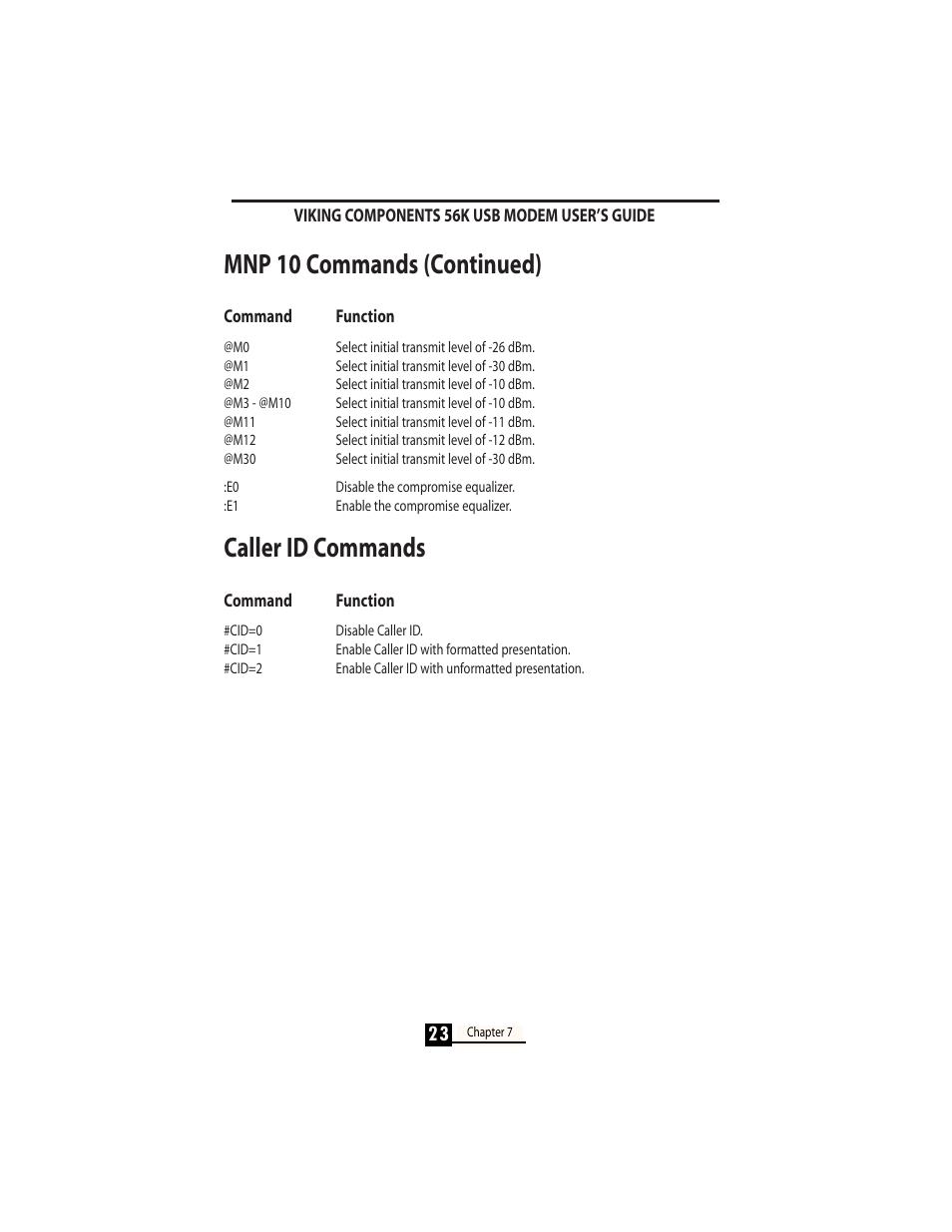 Mnp 10 commands (continued), Caller id commands | Viking InterWorks MAC OS User Manual | Page 25 / 33