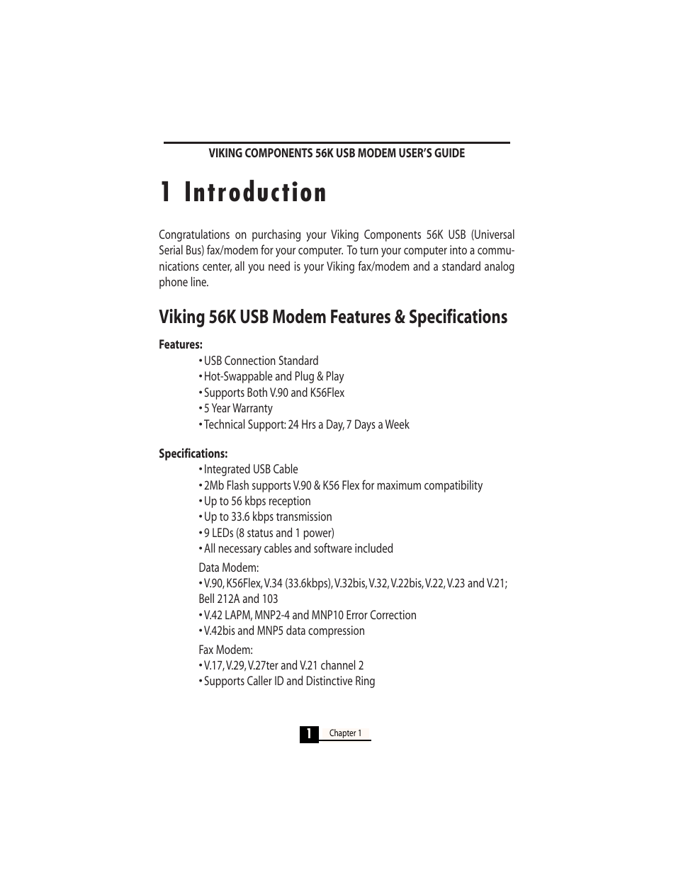 1 introduction, Viking 56k usb modem features & specifications | Viking InterWorks MAC OS User Manual | Page 3 / 33