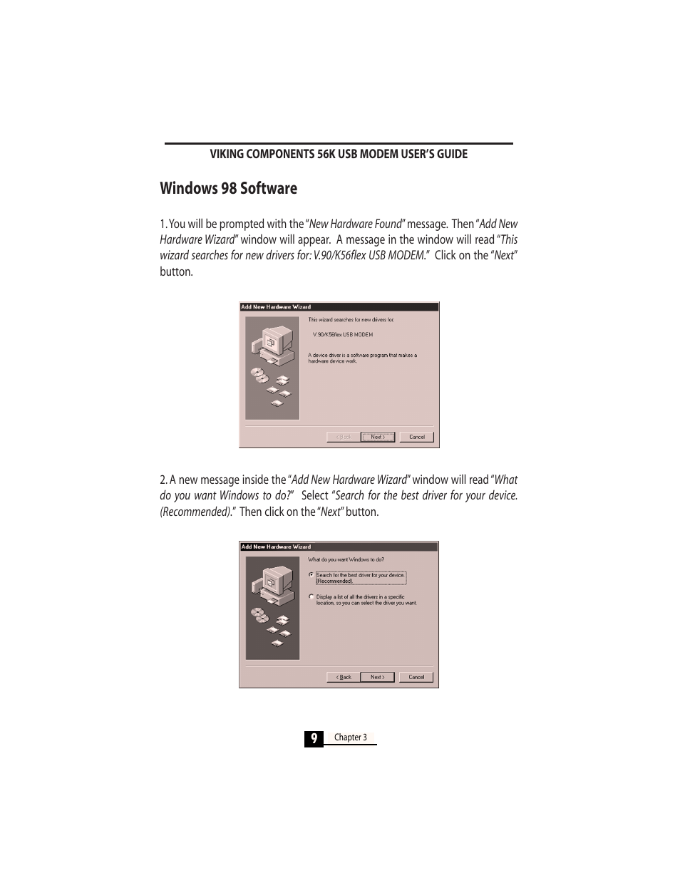 Windows 98 software | Viking InterWorks 56K User Manual | Page 11 / 37