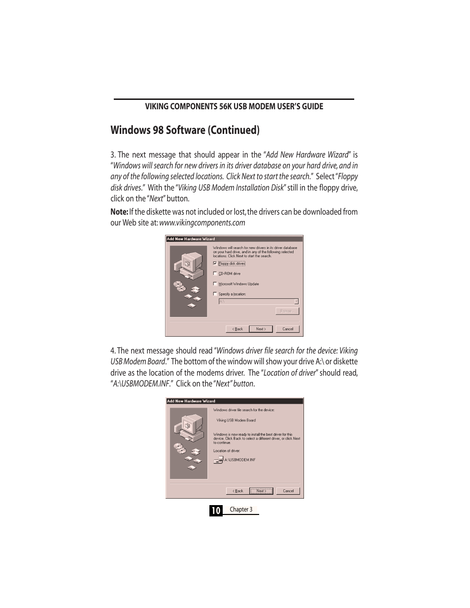 Windows 98 software (continued) | Viking InterWorks 56K User Manual | Page 12 / 37