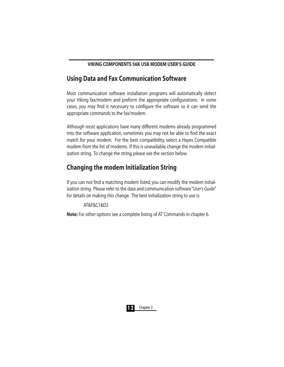 Using data and fax communication software, Changing the modem initialization string | Viking InterWorks 56K User Manual | Page 14 / 37