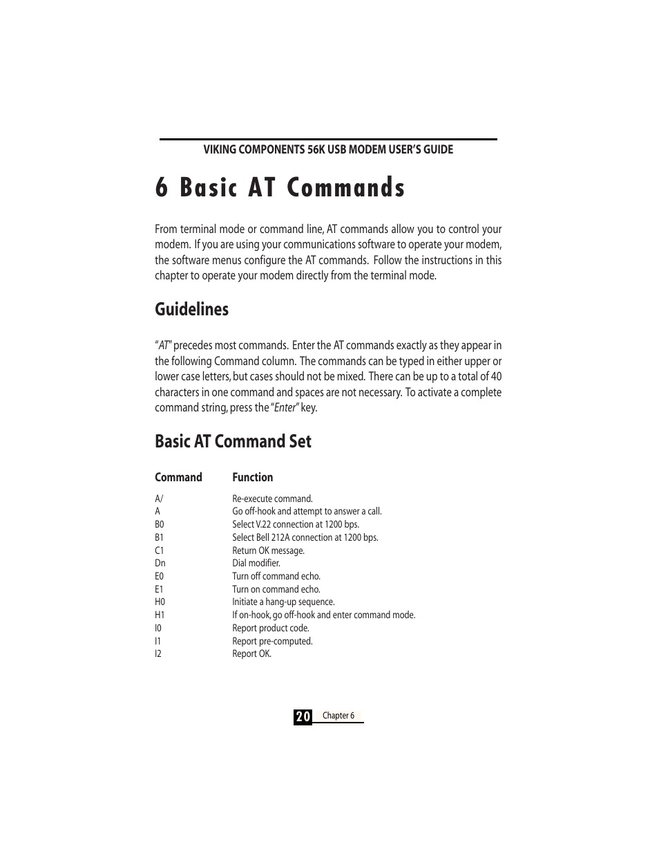 6 basic at commands, Guidelines, Basic at command set | Viking InterWorks 56K User Manual | Page 22 / 37