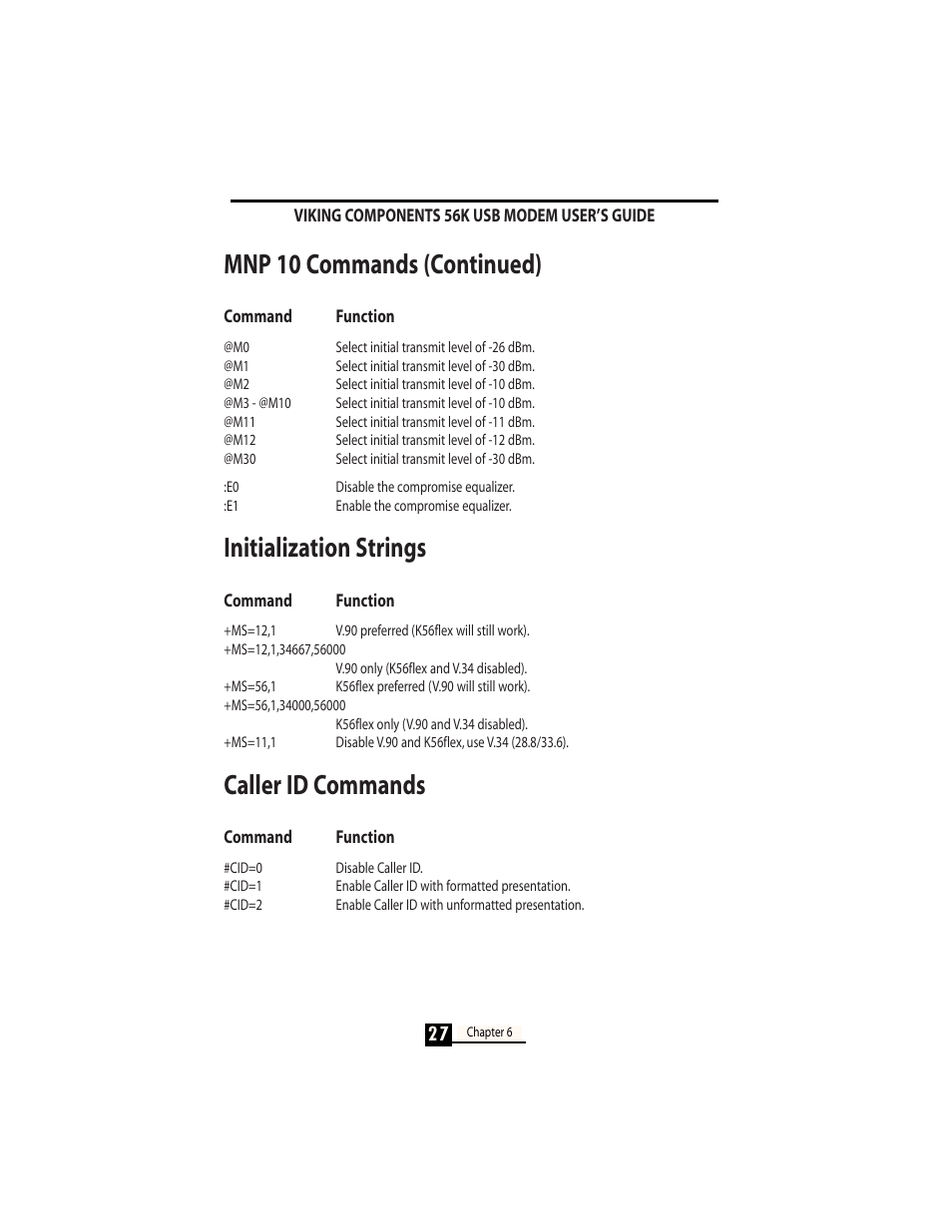 Mnp 10 commands (continued), Initialization strings, Caller id commands | Viking InterWorks 56K User Manual | Page 29 / 37