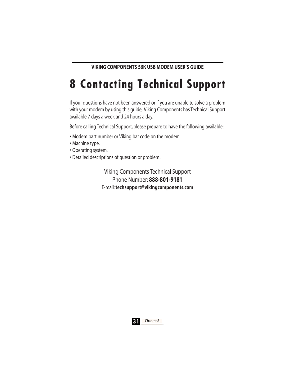 8 contacting technical support | Viking InterWorks 56K User Manual | Page 33 / 37