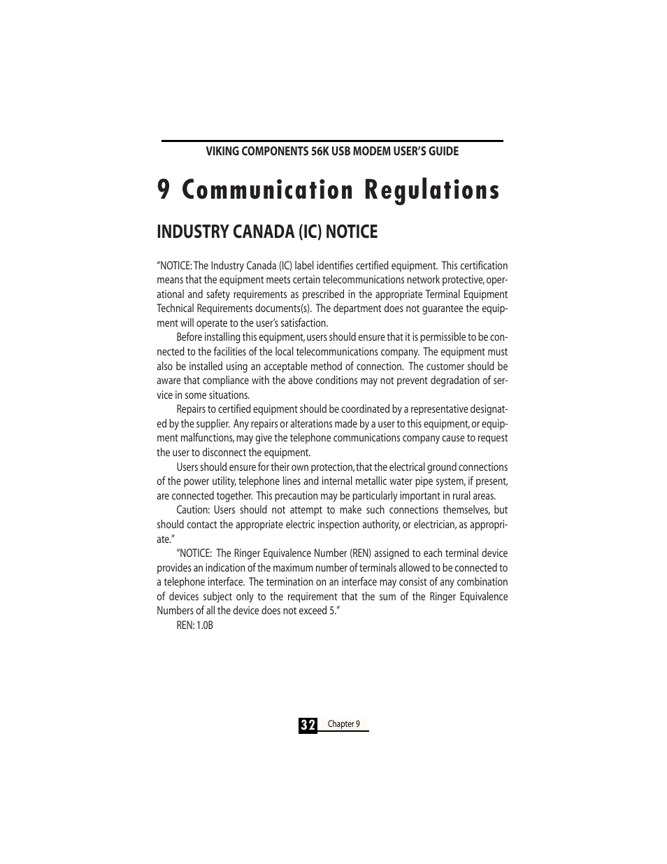 9 communication regulations, Industry canada (ic) notice | Viking InterWorks 56K User Manual | Page 34 / 37