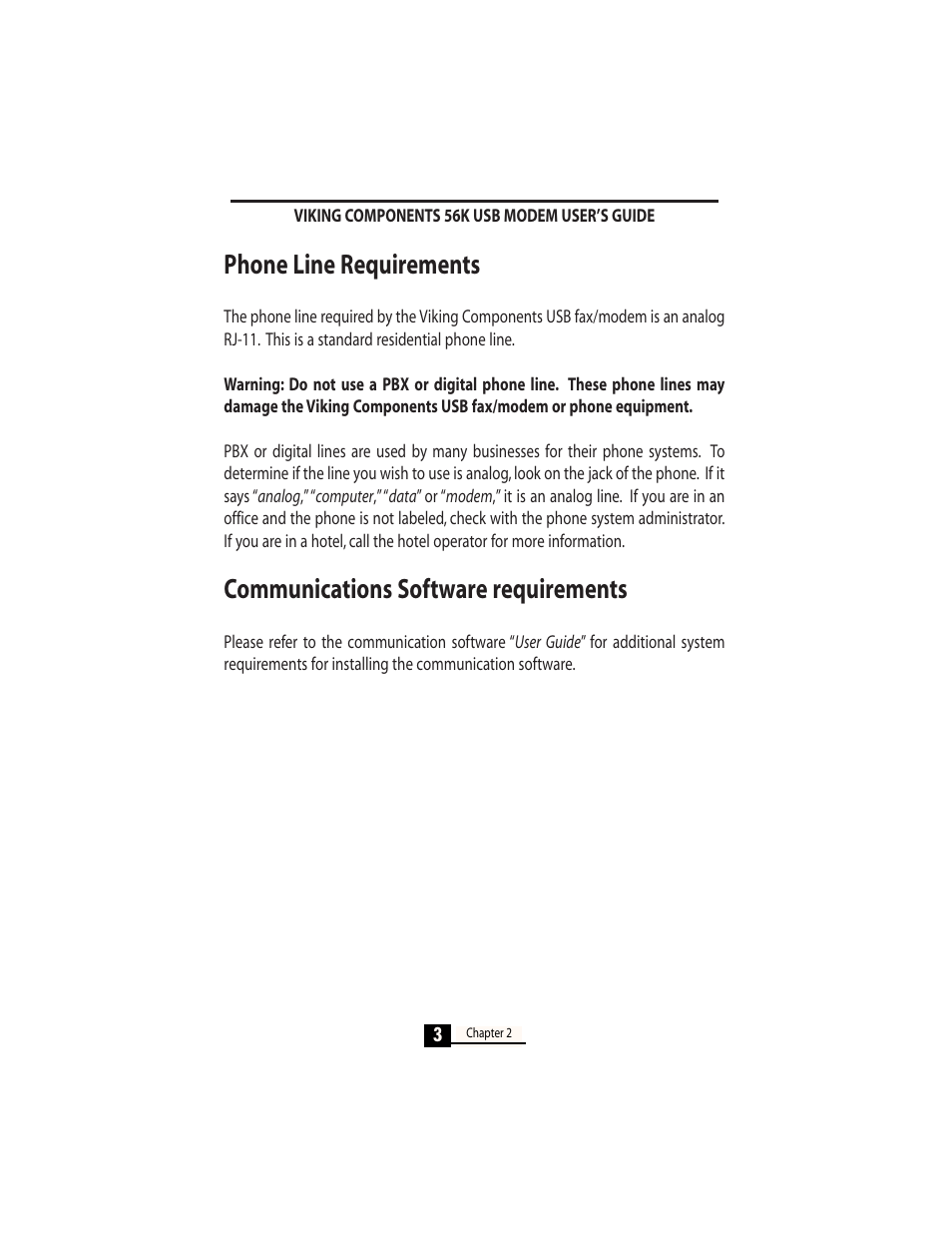 Phone line requirements, Communications software requirements | Viking InterWorks 56K User Manual | Page 5 / 37