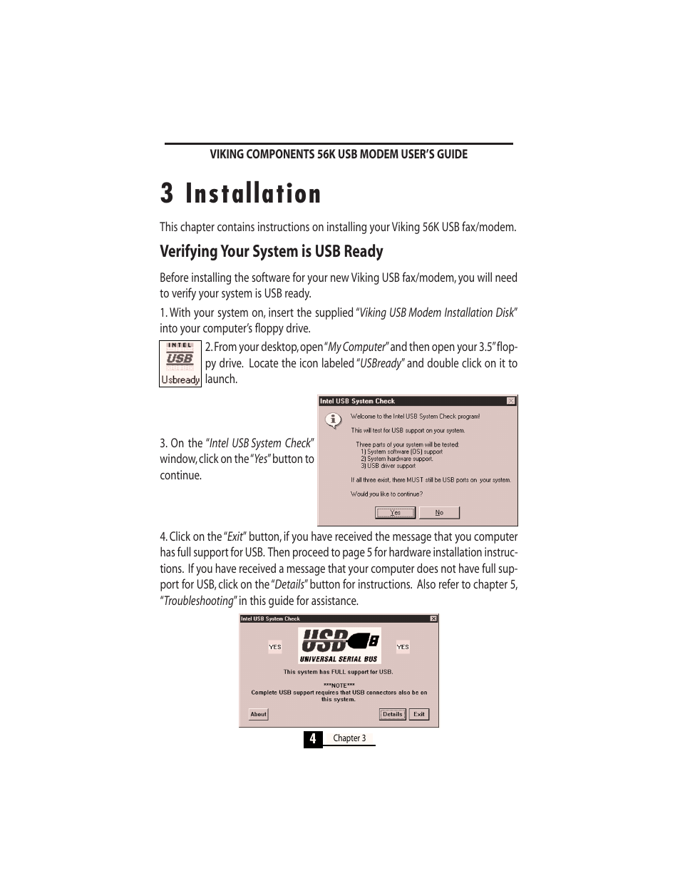 3 installation, Verifying your system is usb ready | Viking InterWorks 56K User Manual | Page 6 / 37