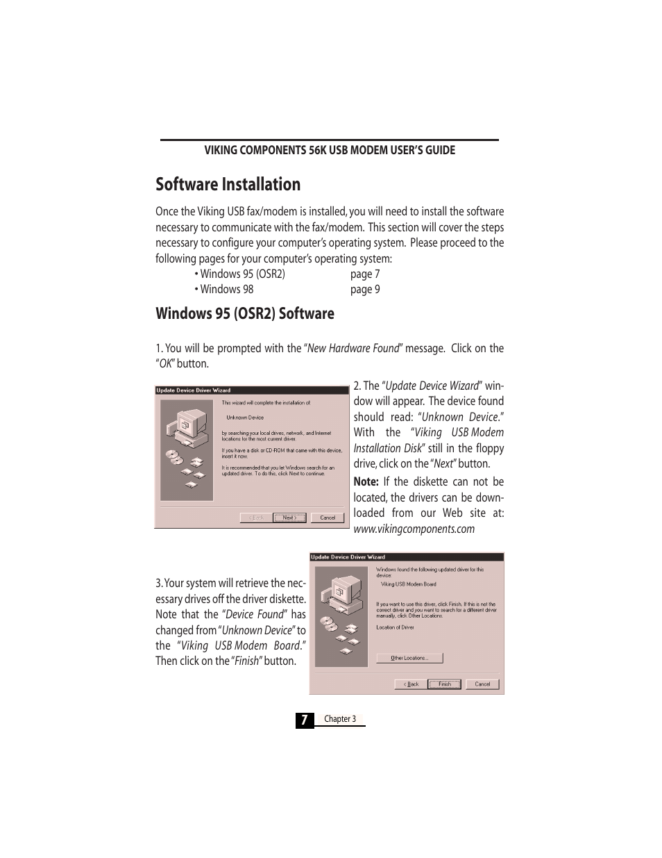 Software installation, Windows 95 (osr2) software | Viking InterWorks 56K User Manual | Page 9 / 37