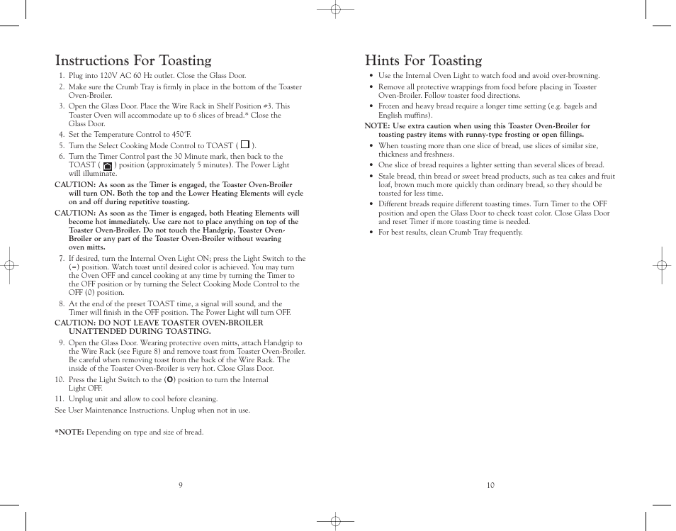 Hints for toasting, Instructions for toasting | Trattorina VT6 User Manual | Page 11 / 20