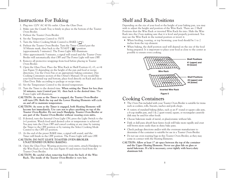 Instructions for baking, Shelf and rack positions, Cooking containers | Trattorina VT6 User Manual | Page 12 / 20