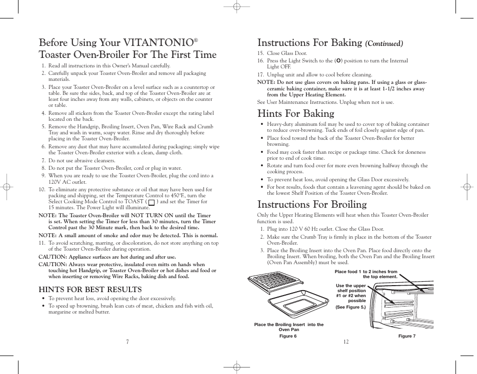 Hints for baking, Instructions for broiling, Instructions for baking | Before using your vitantonio, Toaster oven-broiler for the first time, Continued), Hints for best results | Trattorina VT6 User Manual | Page 13 / 20