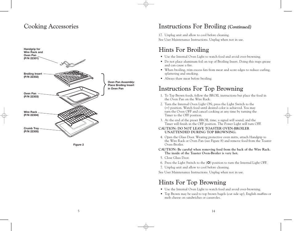 Hints for broiling, Instructions for top browning, Hints for top browning | Instructions for broiling, Cooking accessories | Trattorina VT6 User Manual | Page 15 / 20