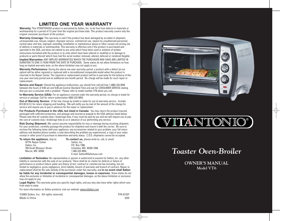 Toaster oven-broiler, Limited one year warranty, Owner’s manual | Trattorina VT6 User Manual | Page 20 / 20