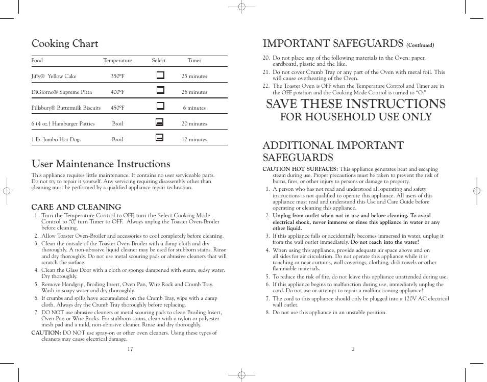 Save these instructions, Cooking chart, User maintenance instructions | Important safeguards | Trattorina VT6 User Manual | Page 3 / 20