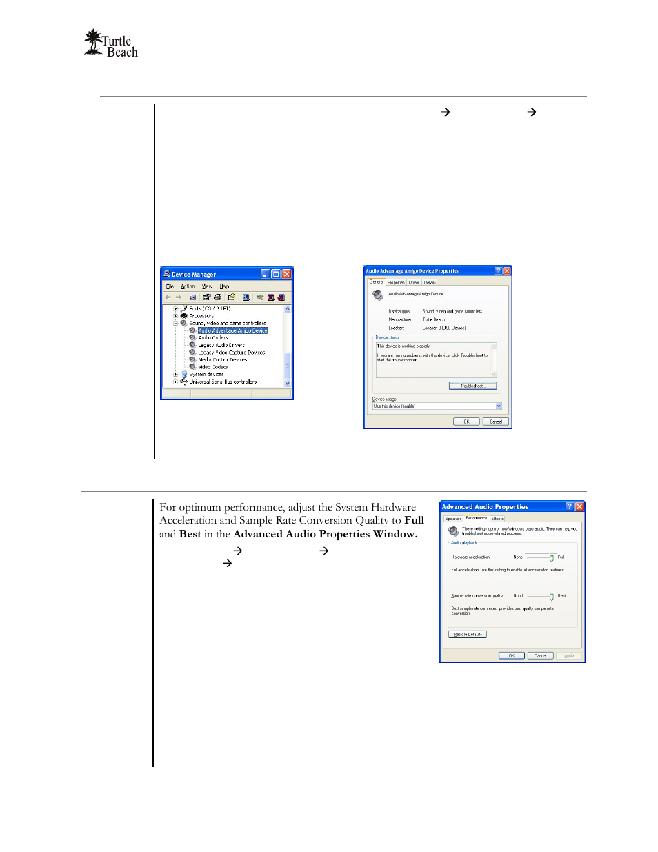 Checking the driver installation, Optimizing playback performance in windows 2000/xp | Turtle Beach Audio Advantage Amigo TBS-1121-01 User Manual | Page 13 / 38