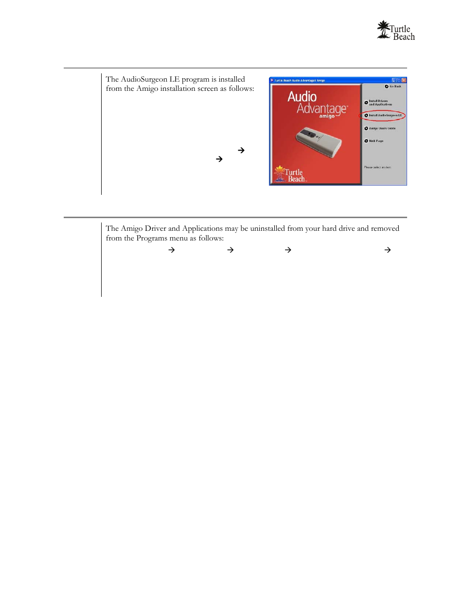 Installing audiosurgeon le, Uninstalling the amigo driver and applications | Turtle Beach Audio Advantage Amigo TBS-1121-01 User Manual | Page 14 / 38
