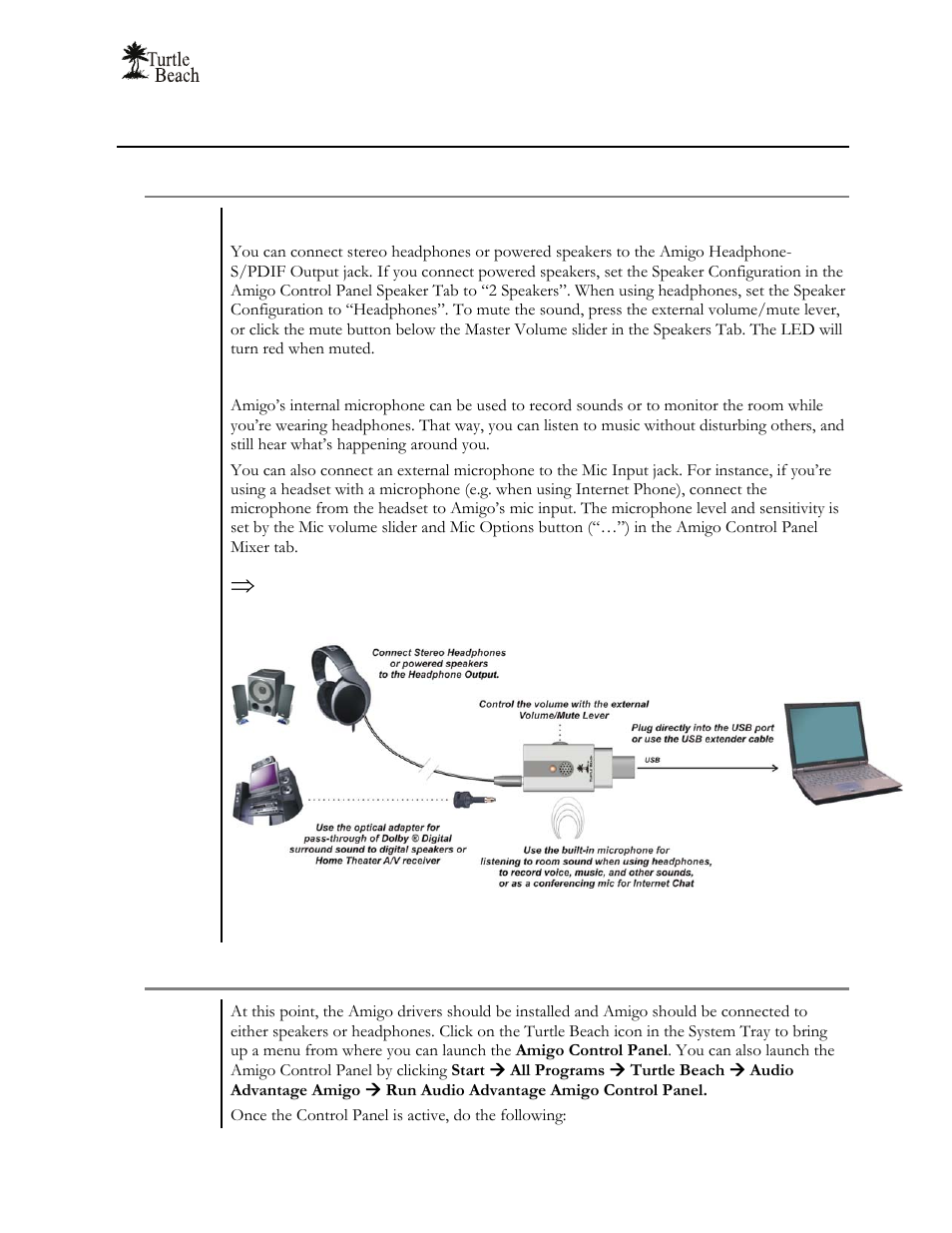 Checking amigo after installation, Step 1: connect amigo, Step 2: launch the amigo control panel | Turtle Beach Audio Advantage Amigo TBS-1121-01 User Manual | Page 15 / 38