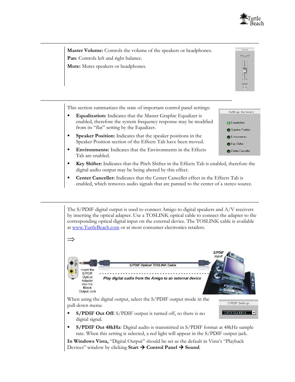 Control panel settings summary, S/pdif digital output | Turtle Beach Audio Advantage Amigo TBS-1121-01 User Manual | Page 28 / 38
