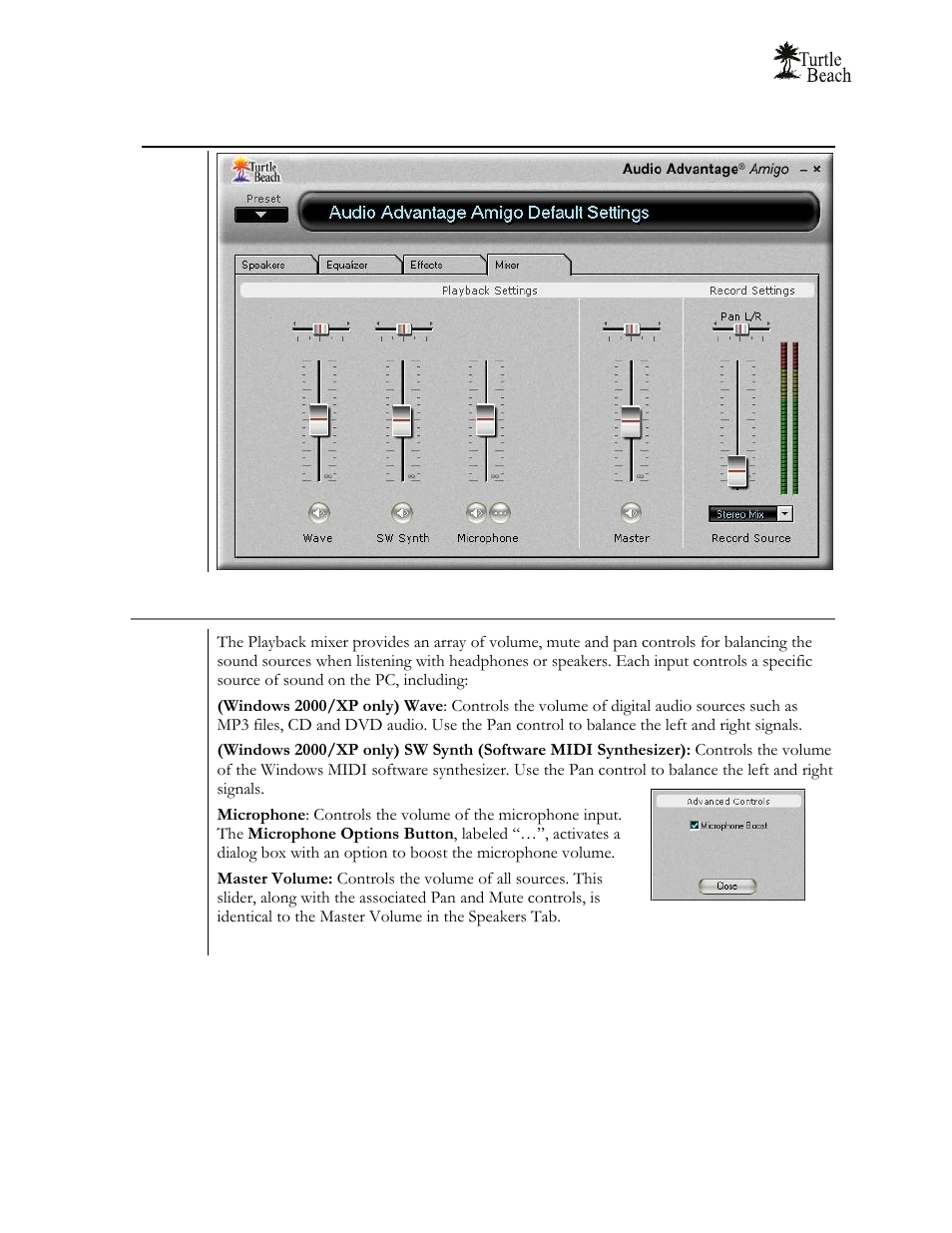 Mixer tab, Playback settings | Turtle Beach Audio Advantage Amigo TBS-1121-01 User Manual | Page 32 / 38
