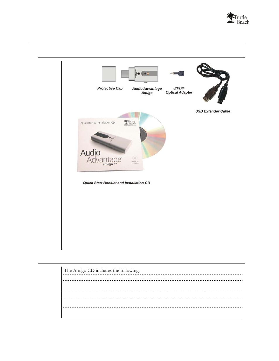 Getting started, Package contents, Installation cd | The amigo cd includes the following | Turtle Beach Audio Advantage Amigo TBS-1121-01 User Manual | Page 6 / 38