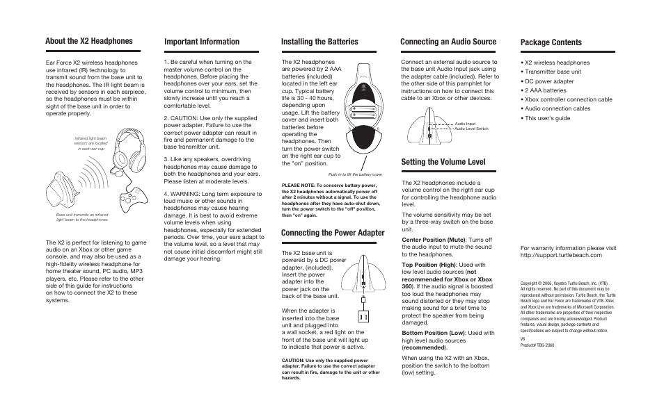 Package contents, Connecting an audio source, Setting the volume level | Important information, About the x2 headphones | Turtle Beach Ear Force X2 User Manual | Page 2 / 2