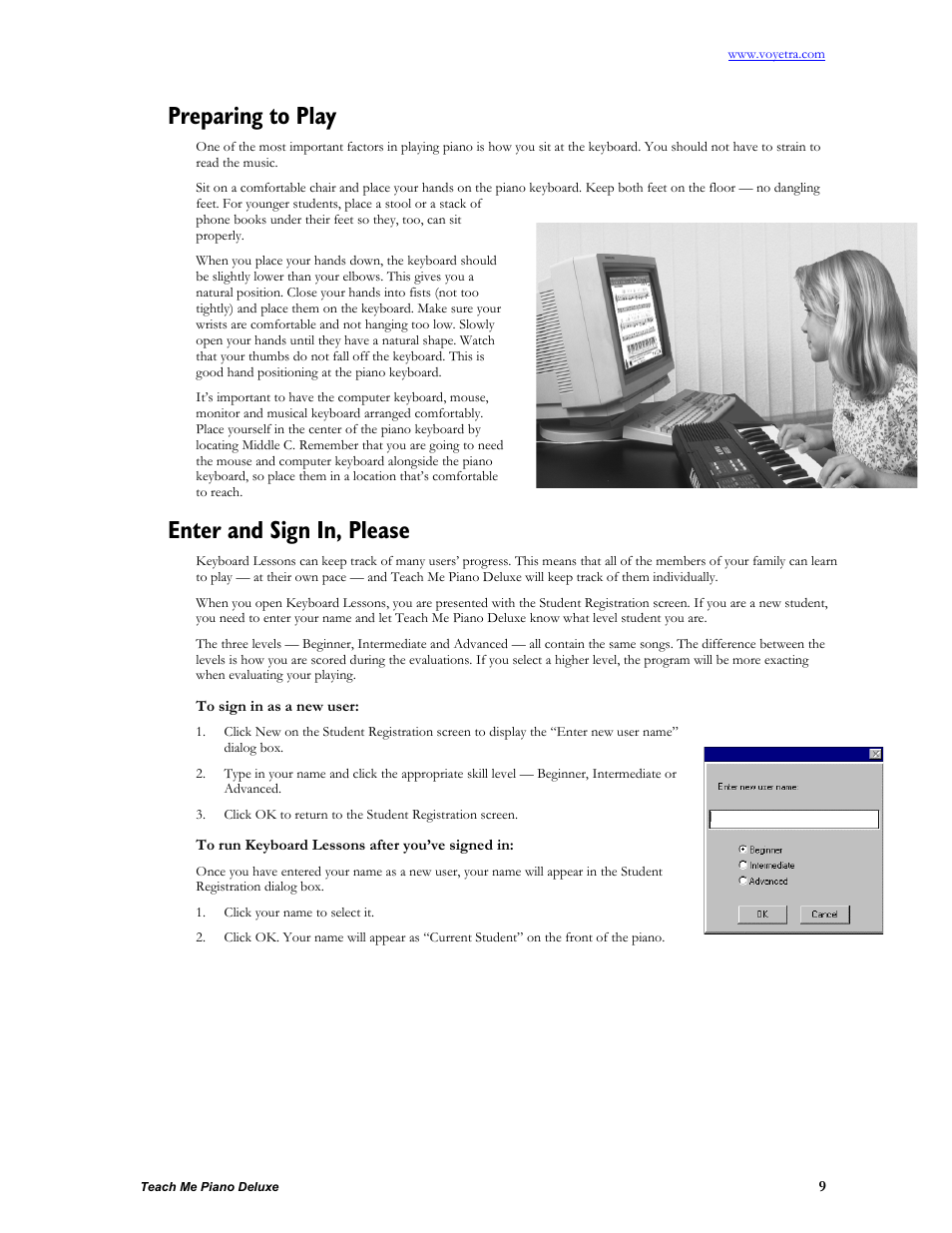 Preparing to play, Enter and sign in, please, To sign in as a new user | To run keyboard lessons after you’ve signed in | Turtle Beach teach Me Piano Deluxe User Manual | Page 11 / 50