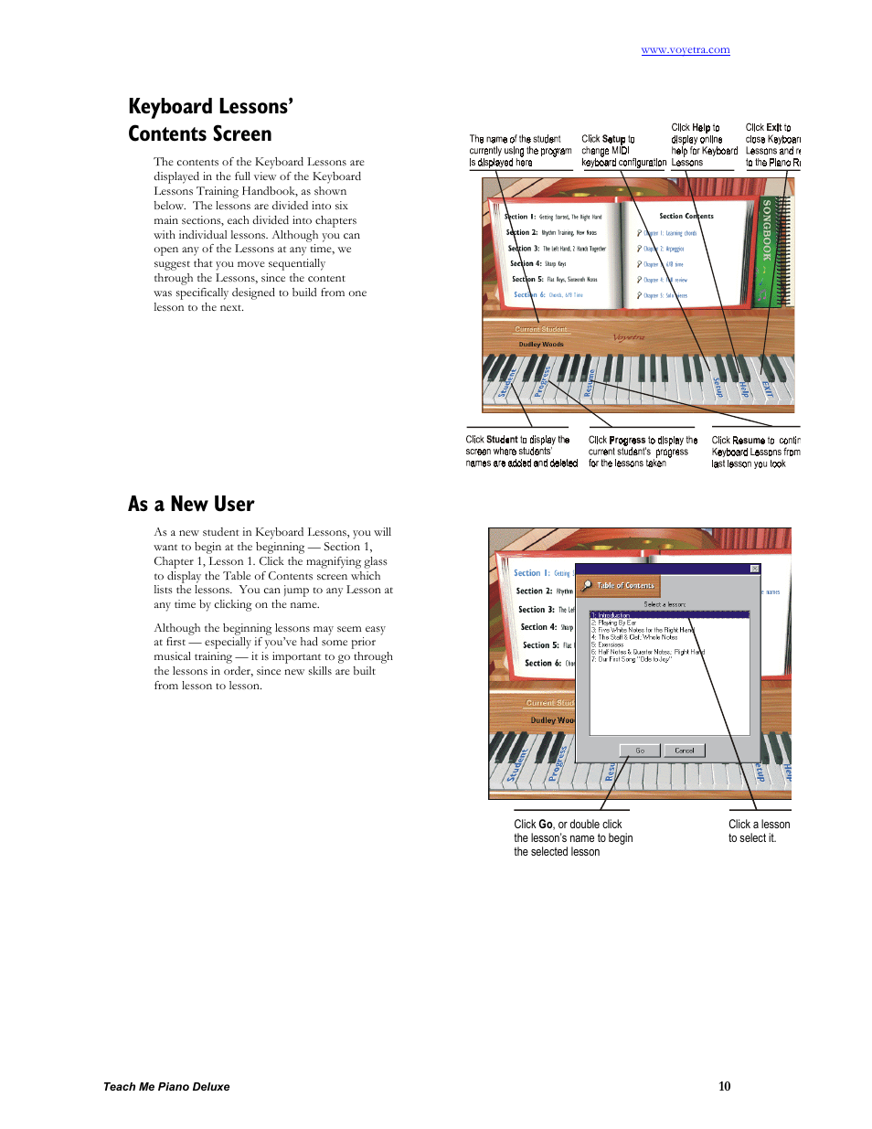 Keyboard lessons’ contents screen, As a new user | Turtle Beach teach Me Piano Deluxe User Manual | Page 12 / 50