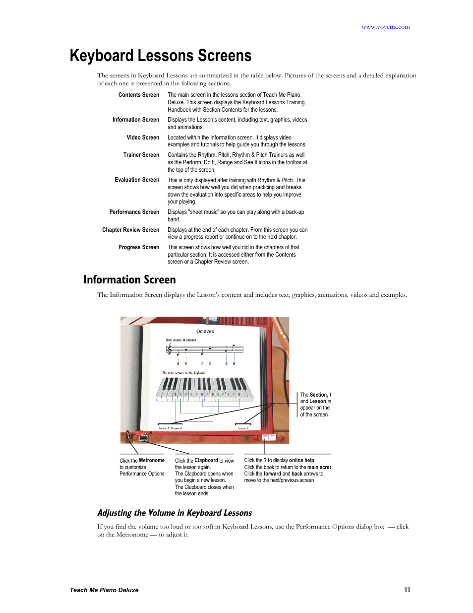 Keyboard lessons screens, Information screen, Adjusting the volume in keyboard lessons | Turtle Beach teach Me Piano Deluxe User Manual | Page 13 / 50