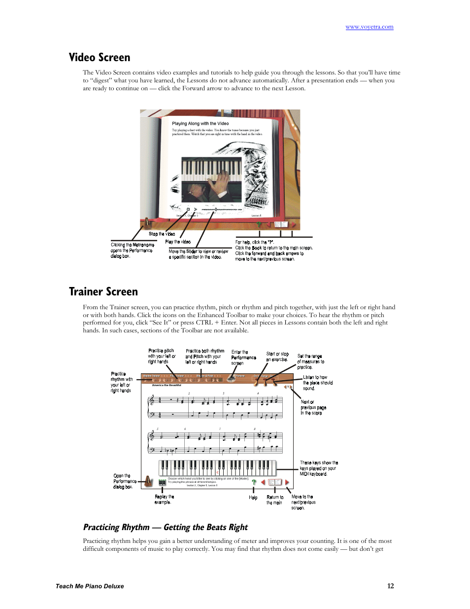 Video screen, Trainer screen, Practicing rhythm — getting the beats right | Turtle Beach teach Me Piano Deluxe User Manual | Page 14 / 50