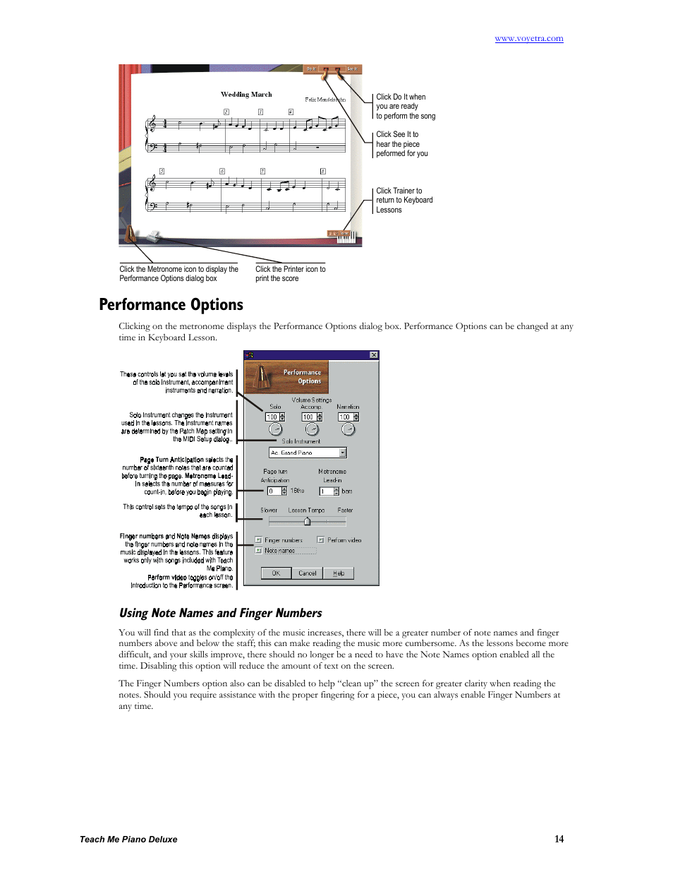 Performance options, Using note names and finger numbers | Turtle Beach teach Me Piano Deluxe User Manual | Page 16 / 50