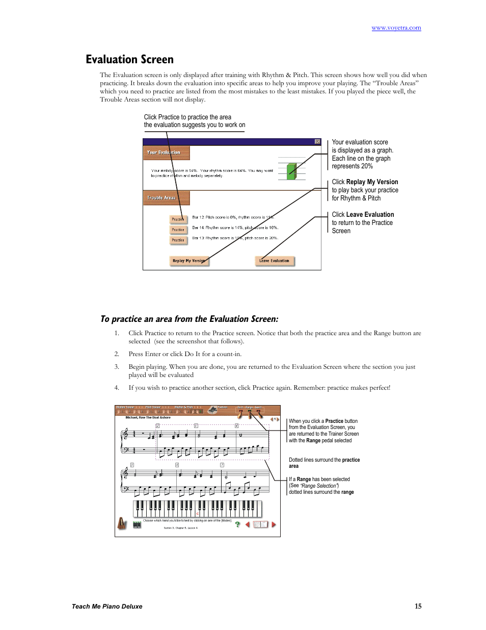 Evaluation screen, To practice an area from the evaluation screen | Turtle Beach teach Me Piano Deluxe User Manual | Page 17 / 50