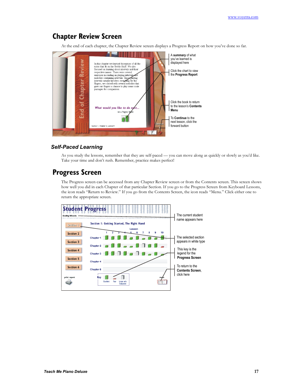 Chapter review screen, Self-paced learning, Progress screen | Turtle Beach teach Me Piano Deluxe User Manual | Page 19 / 50
