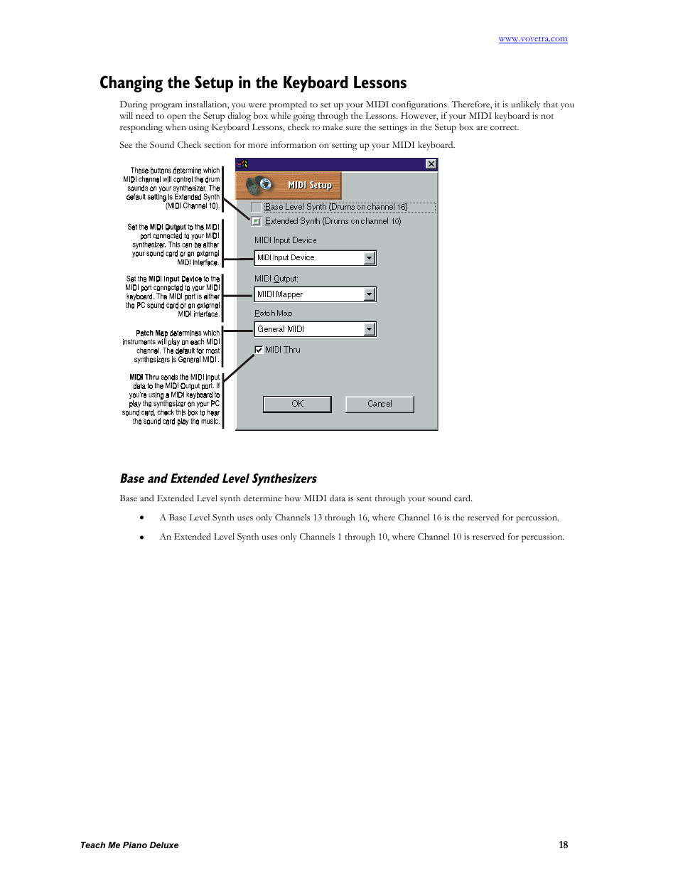 Changing the setup in the keyboard lessons, Base and extended level synthesizers | Turtle Beach teach Me Piano Deluxe User Manual | Page 20 / 50