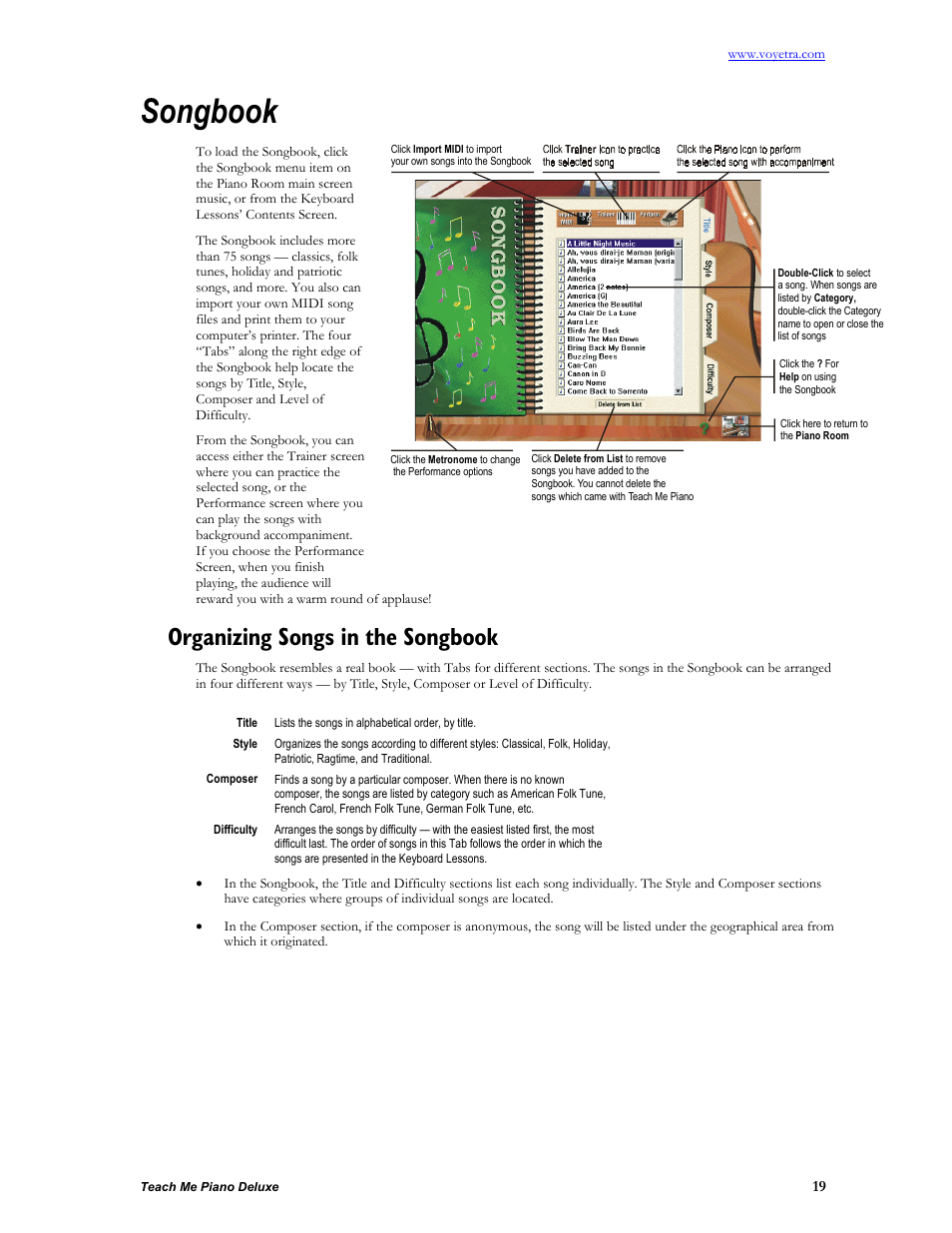 Organizing songs in the songbook, Songbook | Turtle Beach teach Me Piano Deluxe User Manual | Page 21 / 50