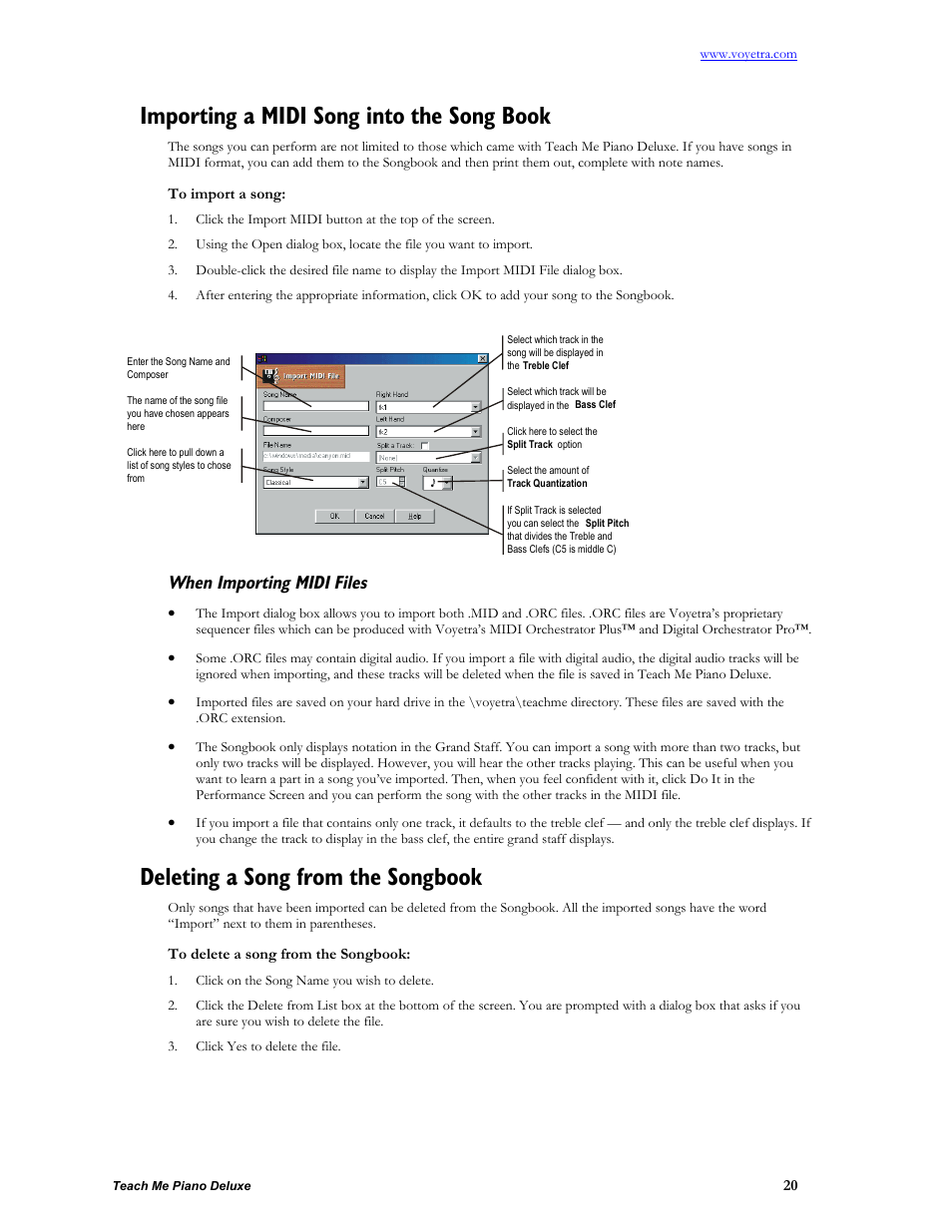 Importing a midi song into the song book, To import a song, When importing midi files | Deleting a song from the songbook, To delete a song from the songbook | Turtle Beach teach Me Piano Deluxe User Manual | Page 22 / 50