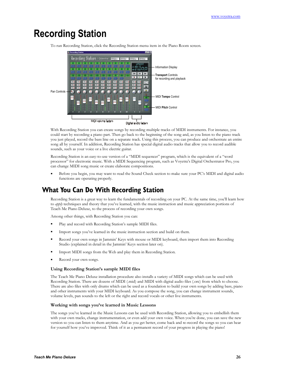 Recording station, What you can do with recording station, Using recording station’s sample midi files | Working with songs you’ve learned in music lessons | Turtle Beach teach Me Piano Deluxe User Manual | Page 28 / 50