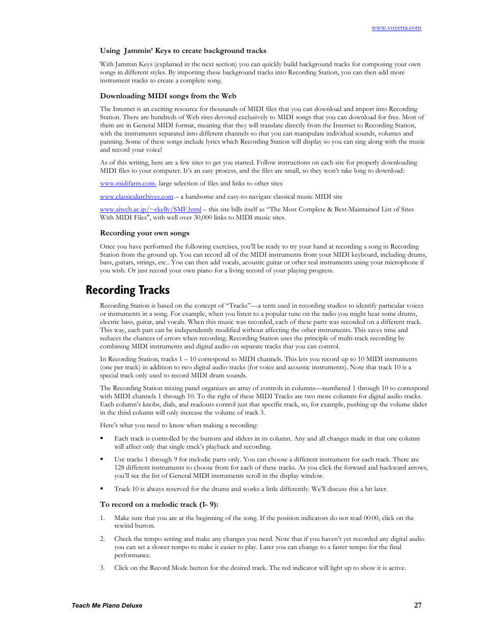 Using jammin’ keys to create background tracks, Downloading midi songs from the web, Recording your own songs | Recording tracks, To record on a melodic track (1- 9) | Turtle Beach teach Me Piano Deluxe User Manual | Page 29 / 50