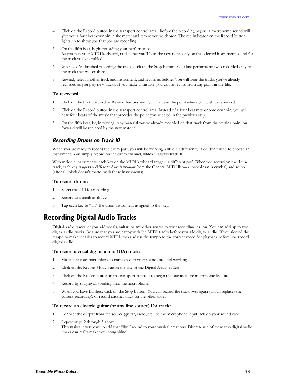 To re-record, Recording drums on track 10, To record drums | Recording digital audio tracks, To record a vocal digital audio (da) track | Turtle Beach teach Me Piano Deluxe User Manual | Page 30 / 50