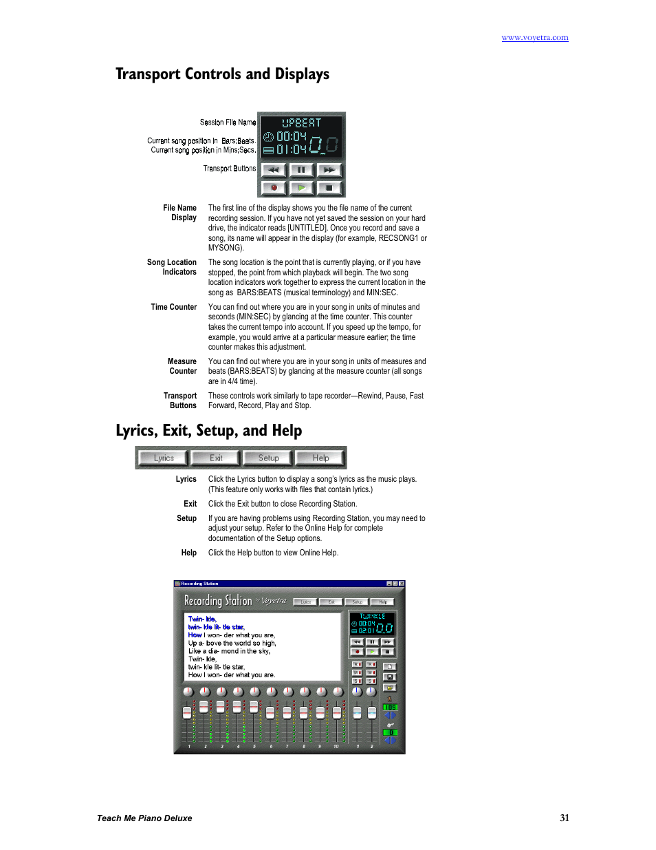 Transport controls and displays, Lyrics, exit, setup, and help | Turtle Beach teach Me Piano Deluxe User Manual | Page 33 / 50