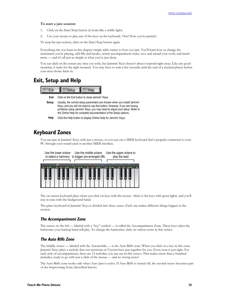 To start a jam session, Exit, setup and help, Keyboard zones | The accompaniment zone, The auto riffs zone | Turtle Beach teach Me Piano Deluxe User Manual | Page 38 / 50