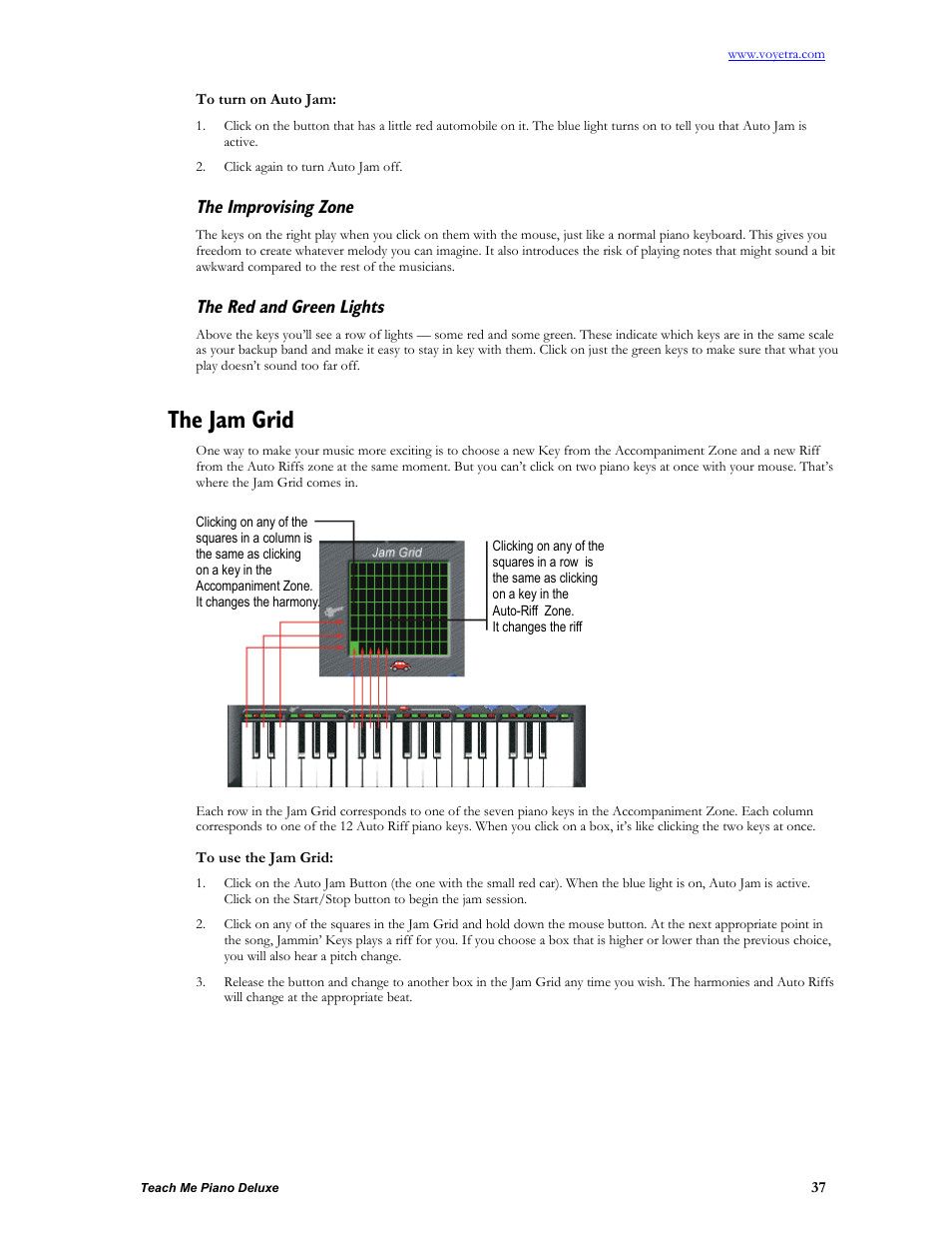 To turn on auto jam, The improvising zone, The red and green lights | The jam grid, To use the jam grid | Turtle Beach teach Me Piano Deluxe User Manual | Page 39 / 50