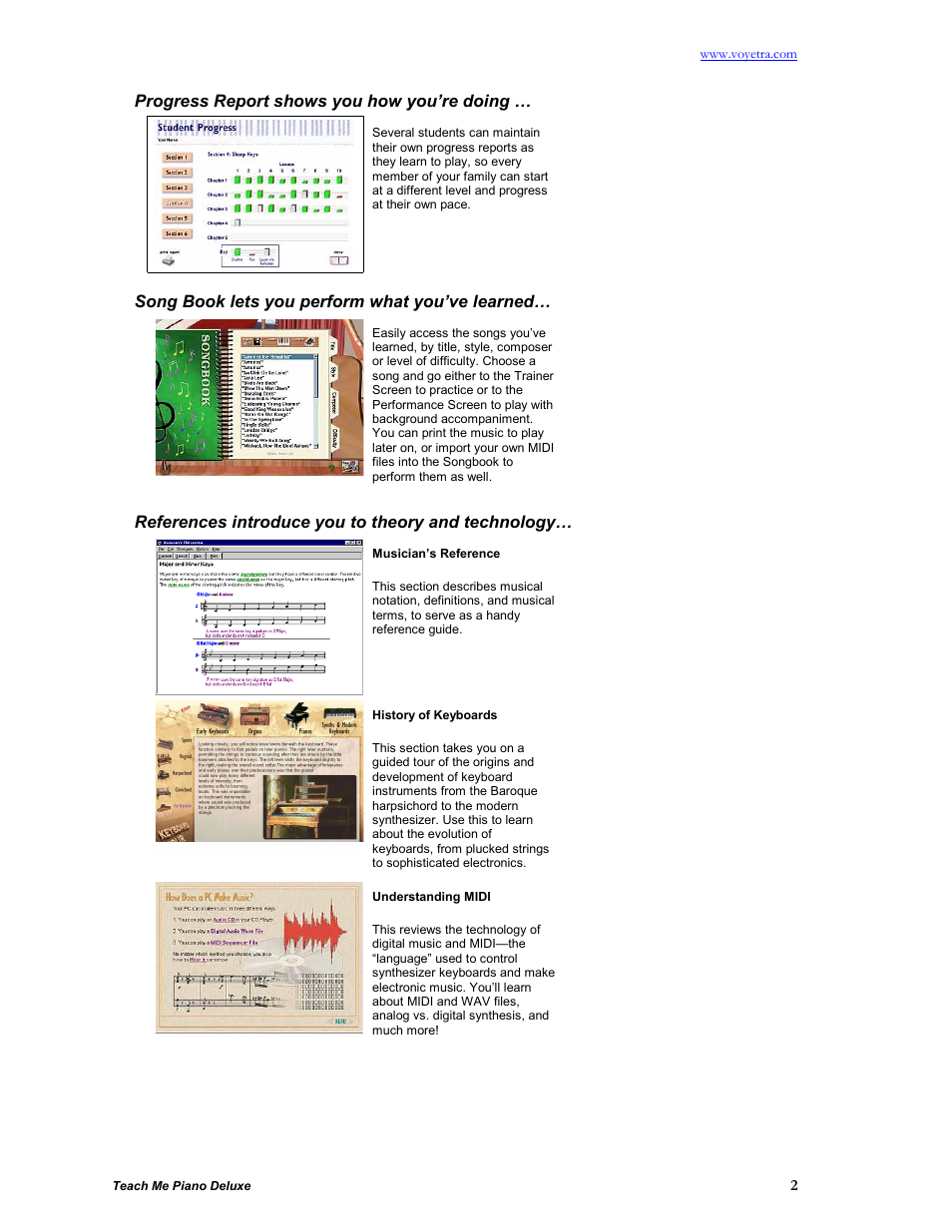 Progress report shows you how you’re doing, Song book lets you perform what you’ve learned, References introduce you to theory and technology | Turtle Beach teach Me Piano Deluxe User Manual | Page 4 / 50