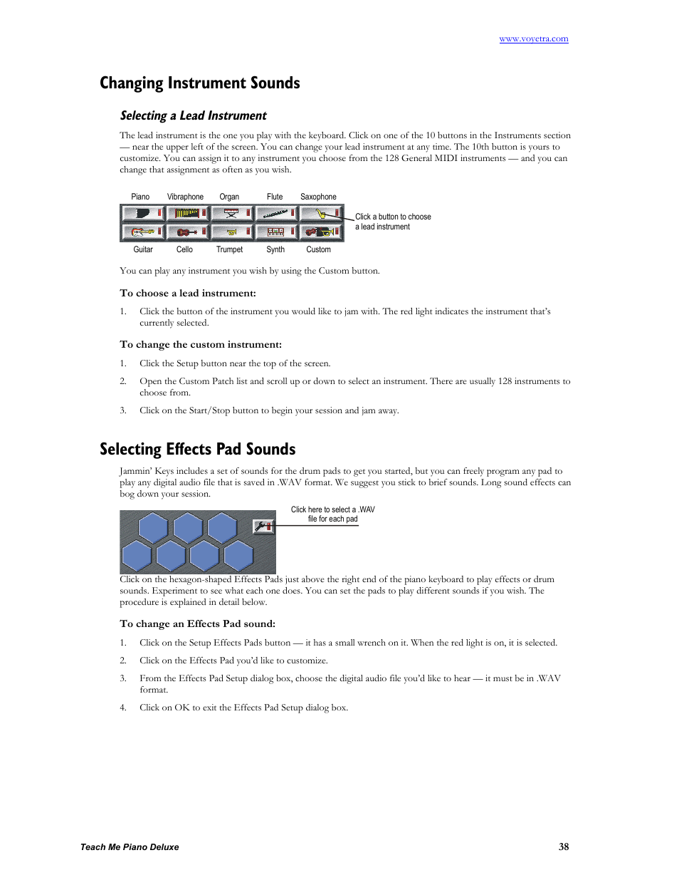 Changing instrument sounds, Selecting a lead instrument, To choose a lead instrument | To change the custom instrument, Selecting effects pad sounds, To change an effects pad sound | Turtle Beach teach Me Piano Deluxe User Manual | Page 40 / 50