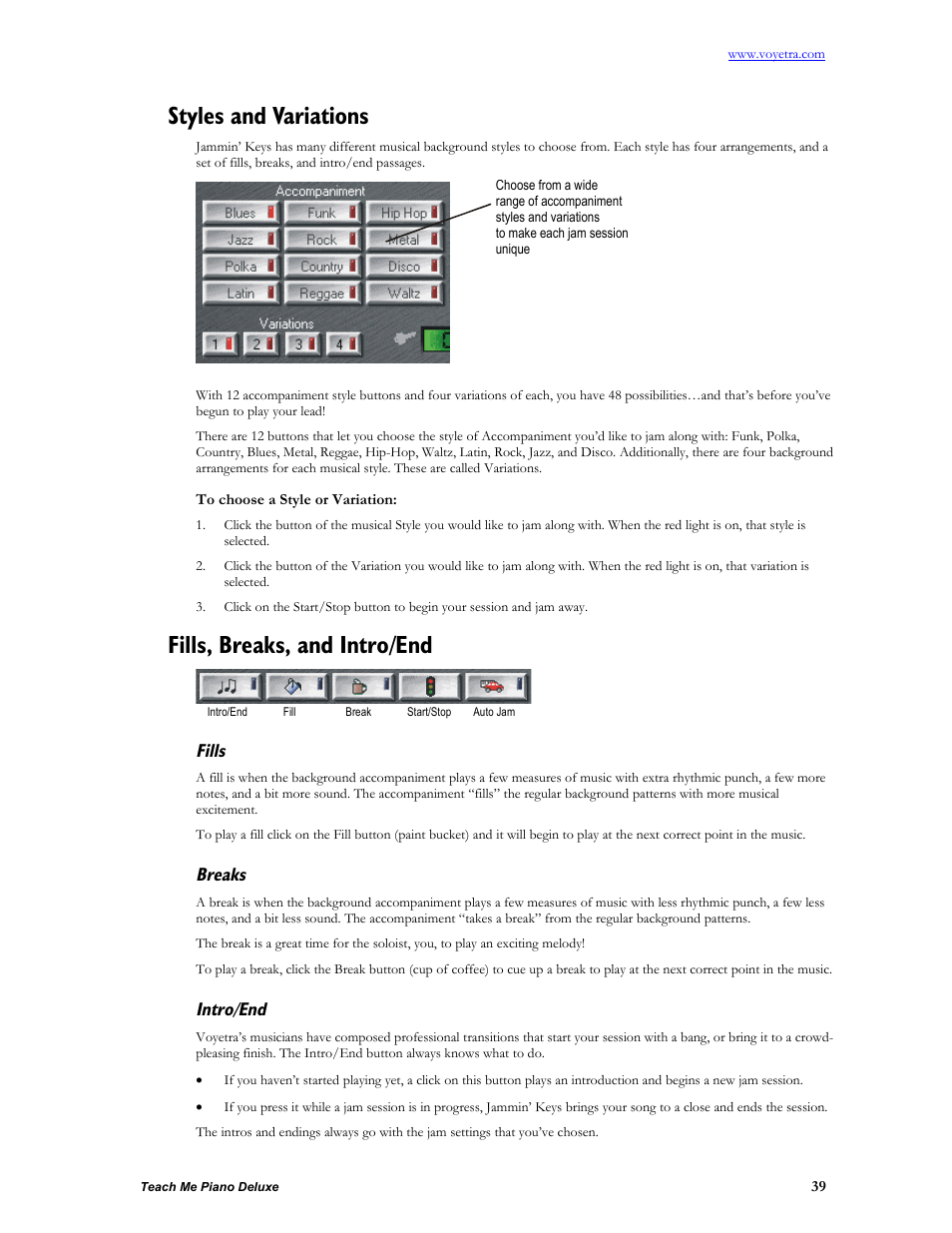 Styles and variations, To choose a style or variation, Fills, breaks, and intro/end | Fills, Breaks, Intro/end | Turtle Beach teach Me Piano Deluxe User Manual | Page 41 / 50