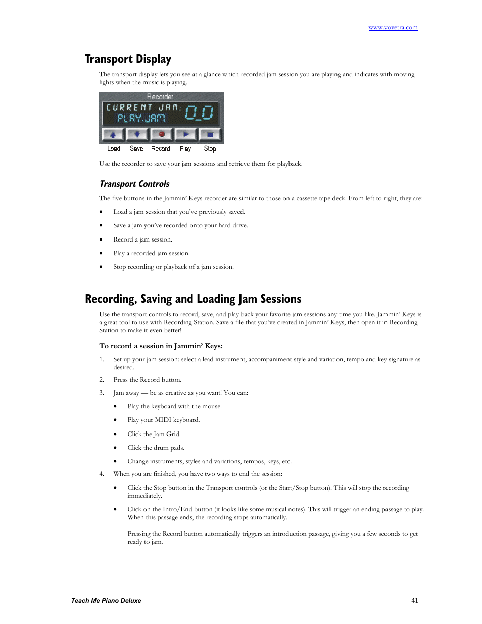 Transport display, Transport controls, Recording, saving and loading jam sessions | To record a session in jammin’ keys | Turtle Beach teach Me Piano Deluxe User Manual | Page 43 / 50