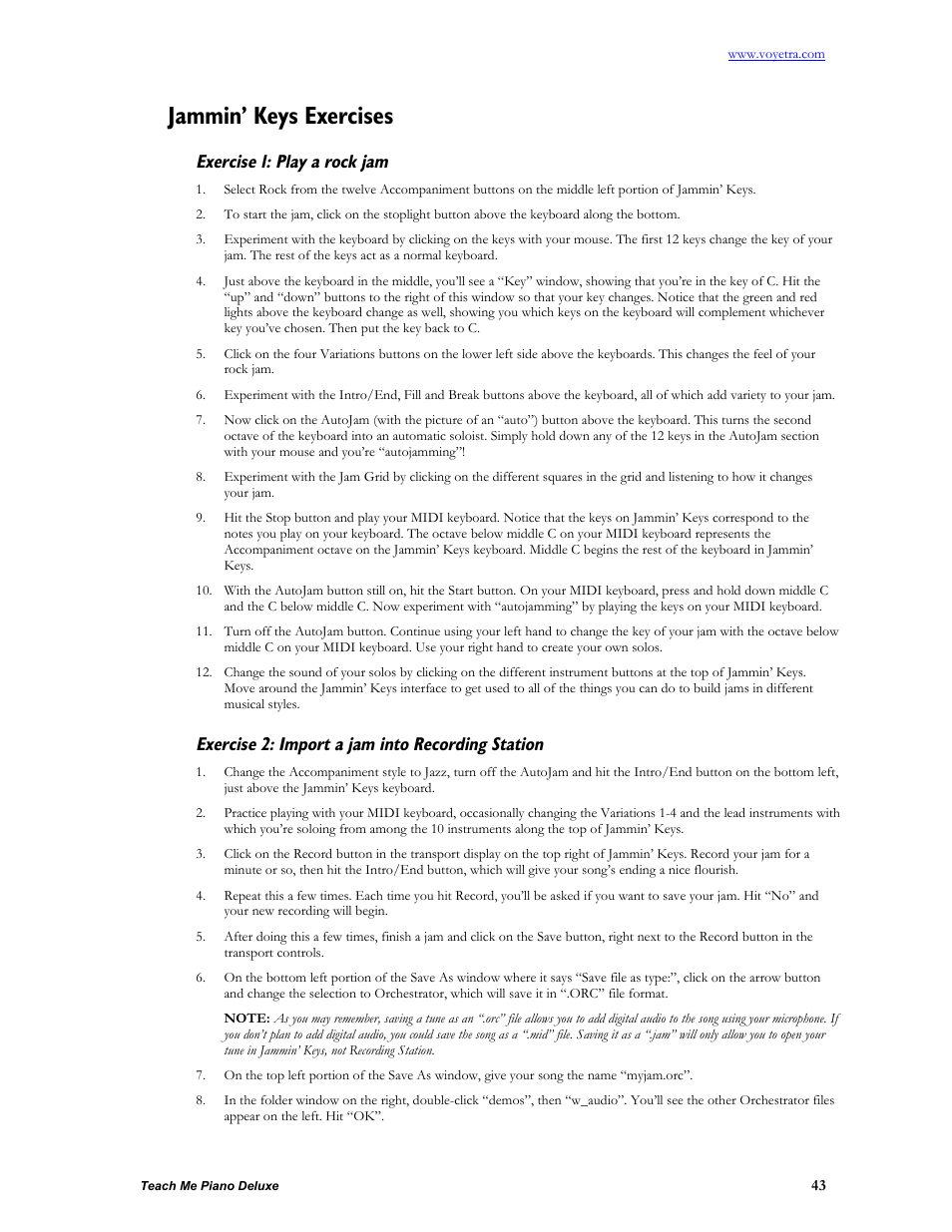 Jammin’ keys exercises, Exercise 1: play a rock jam, Exercise 2: import a jam into recording station | Turtle Beach teach Me Piano Deluxe User Manual | Page 45 / 50