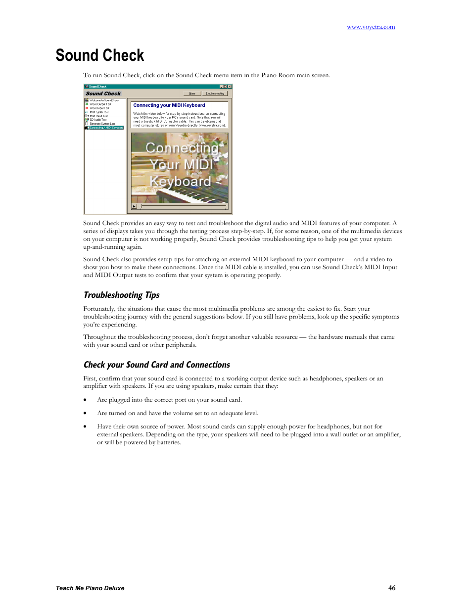 Sound check, Troubleshooting tips, Check your sound card and connections | Turtle Beach teach Me Piano Deluxe User Manual | Page 48 / 50