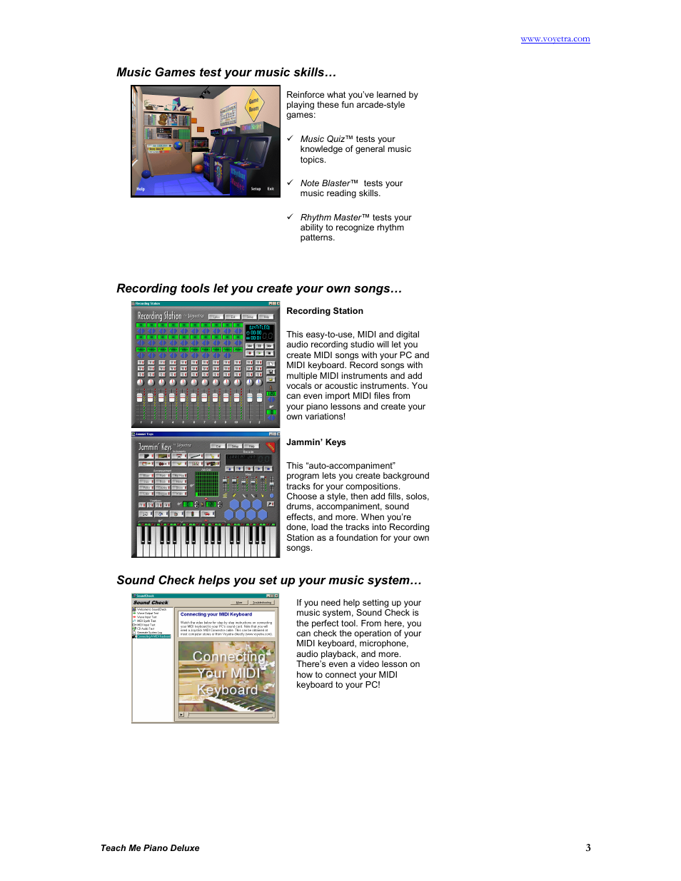 Music games test your music skills, Recording tools let you create your own songs, Sound check helps you set up your music system | Turtle Beach teach Me Piano Deluxe User Manual | Page 5 / 50