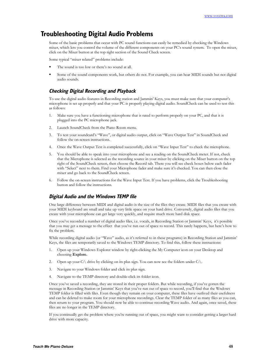 Troubleshooting digital audio problems, Checking digital recording and playback, Digital audio and the windows temp file | Turtle Beach teach Me Piano Deluxe User Manual | Page 50 / 50