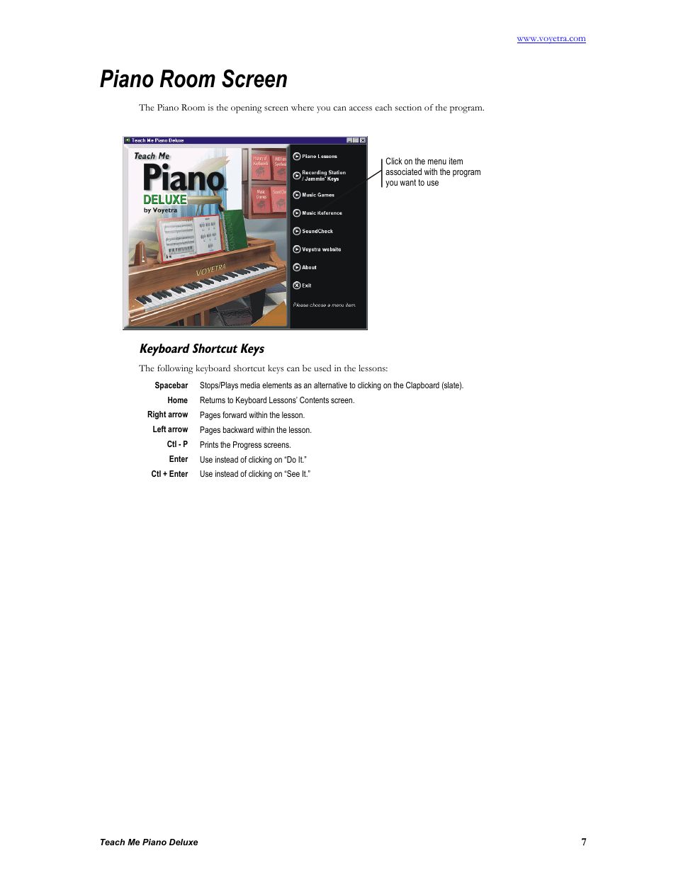 Keyboard shortcut keys, Piano room screen | Turtle Beach teach Me Piano Deluxe User Manual | Page 9 / 50